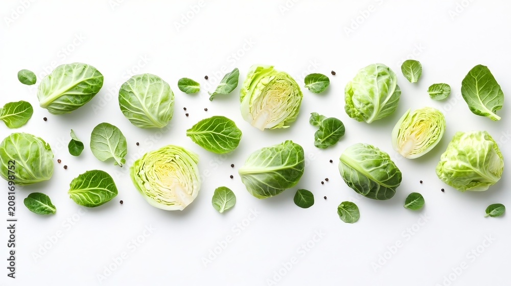 Obraz premium Fresh Raw Brussels Sprouts and Scattered Cabbage Leaves Isolated on a Clean White Background Set