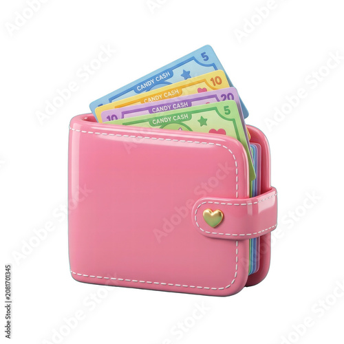 Pink wallet with colorful toy candy cash bills
