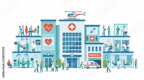 Hospital building with medical staff patients ambulance and helicopter