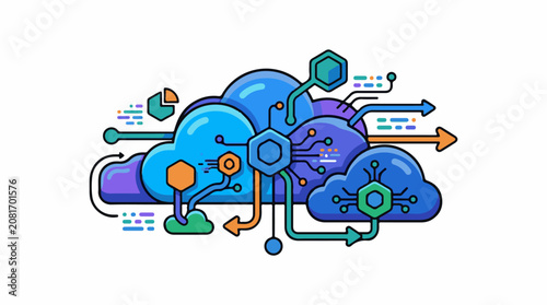 Stylized clouds with digital connections and directional arrows