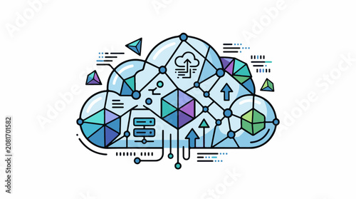 Abstract cloud-like network with geometric shapes and arrows