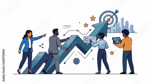 Diverse team collaborates on a rising graph toward a city skyline
