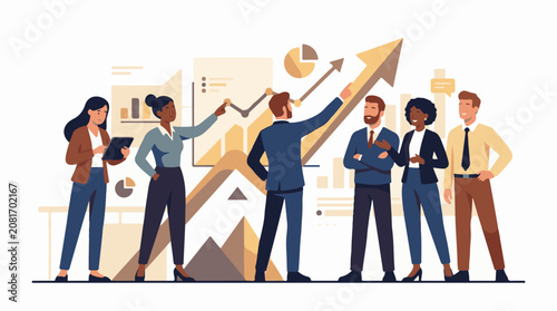 Diverse business team collaborates analyzing upward trending graphs