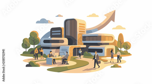 Modern business complex with people working growing arrow symbol