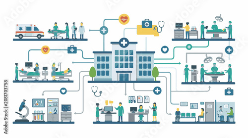 Medical services interconnected featuring hospital ambulance and various healthcare activities