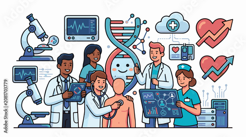 Medical team and advanced technology analyzing health and genetics