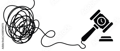 Fotografía Legal system concept with tangled cable and judge gavel icon on transparent back