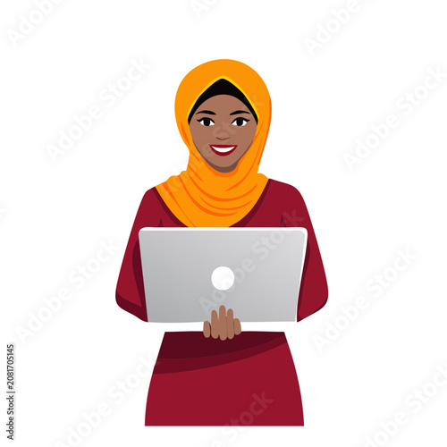 Smiling woman in hijab holding laptop, flat vector illustration