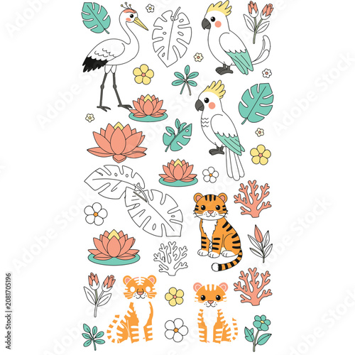 Tropical animals and plants flat vector illustration