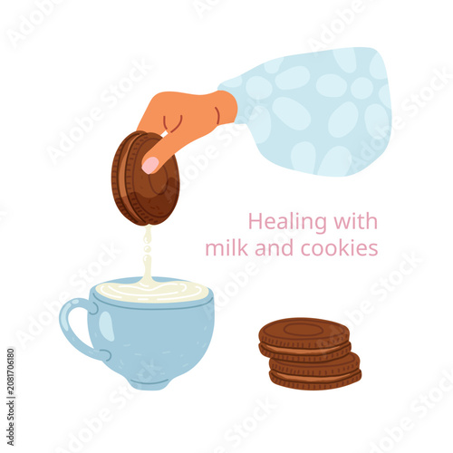 Female hand dipping round chocolate cookie into cup of milk. Cozy comforting scene. Vector illustration. Great for wellness blog, self-care poster, hygge packaging, or mental health card.