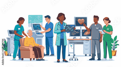 Medical team monitors patient and displays health data on screens