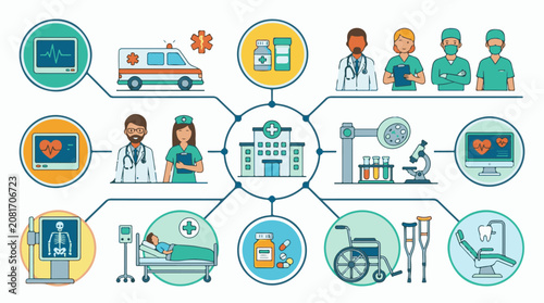 Medical services network illustrating hospital staff ambulance and equipment