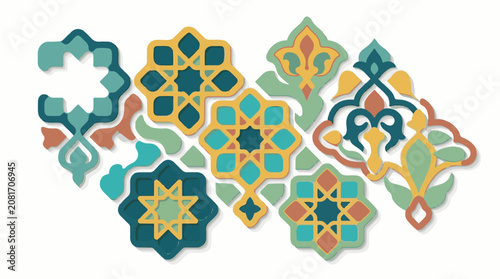 Ornate geometric patterns in teal gold and coral hues