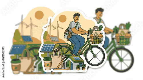 People cycling with eco-friendly shopping and renewable energy sources