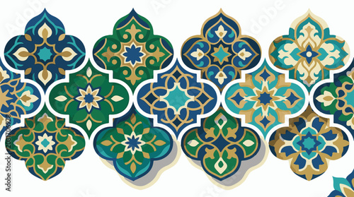Ornate Islamic geometric patterns in blue green and gold on white