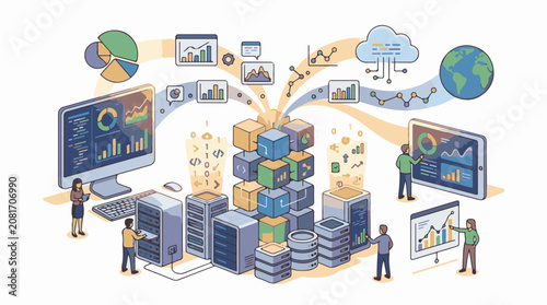 People analyze data from servers cloud and globe using charts