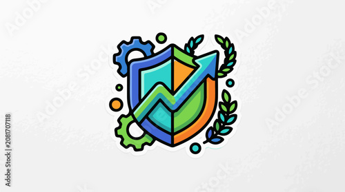 Stylized shield with upward arrow gears and leaves
