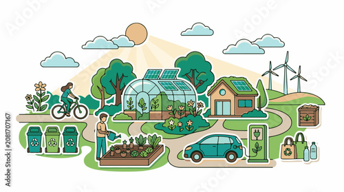 Sustainable living elements like solar power gardening and eco-friendly transport