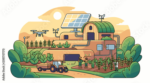 Sustainable Farmhouse with Solar Panels and Drone.