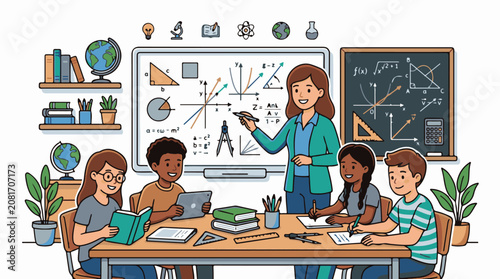 Teacher instructs diverse students with math problems on whiteboard and desk