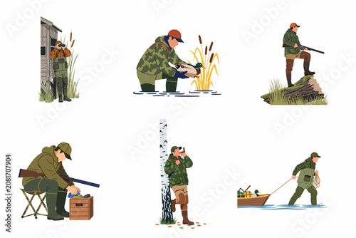 Collection of duck hunting illustrations featuring hunters in various activities such as using decoys, calling, cleaning guns, and scouting in the wilderness.