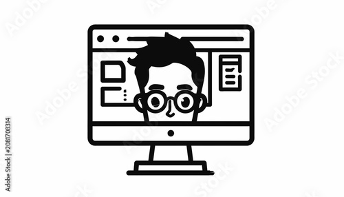 Man on computer screen with glasses.