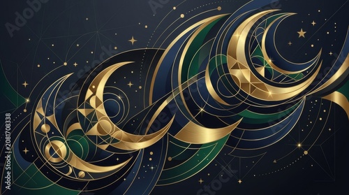 Luxurious gold crescent moon and stars nighttime abstract art