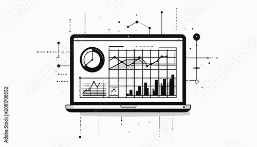Laptop with graphs and charts screen.