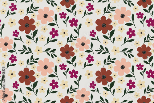 Seamless floral pattern with soft pastel blooms, delicate wildflowers, and leafy branches on a light background. Ideal for fabric, wallpaper, stationery, and decor.
