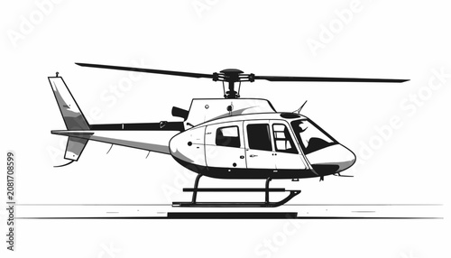 A white helicopter with rotor blades.
