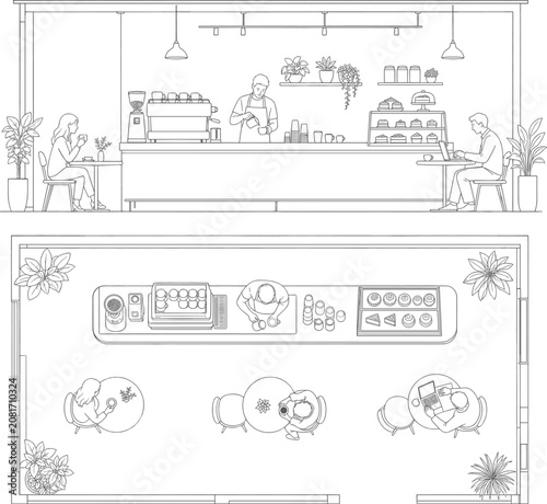 Cafe vector illustration for coffee shop poster with barista counter plants and clean black white outline style