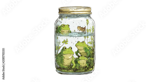 green frogs inside glass jar isolated on white background 