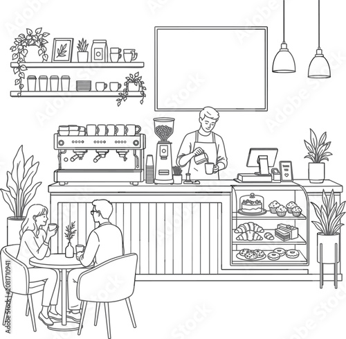 Cafe vector illustration for coffee shop poster with barista menu counter and clean outline style