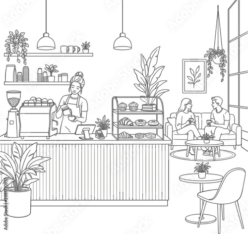 Cafe vector illustration for coffee shop poster with barista menu counter and clean outline style