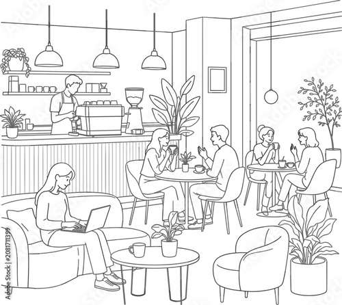 Cafe vector illustration for coffee shop poster with barista menu counter and clean outline style
