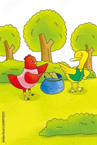 Fotografie Hen and Duck Chatting Beside a Bag of Corn