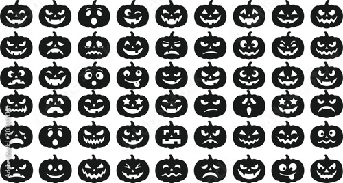 Black jack o lantern faces pattern on a white background halloween pumpkin jackolantern expressions carved silhouette vector graphic design