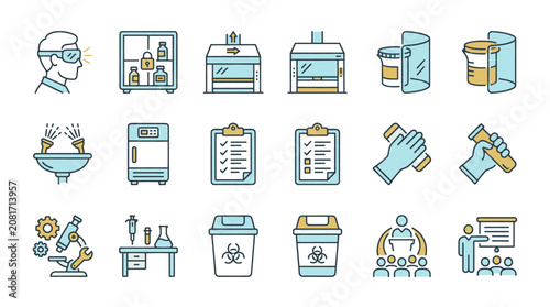 Collection of laboratory icons representing scientific research, safety, and experiments.