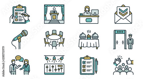 Collection of icons representing event planning and management, including registration, stage, reception, and security.