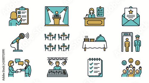 Collection of icons representing various aspects of event planning and management, including registration, catering, and security.