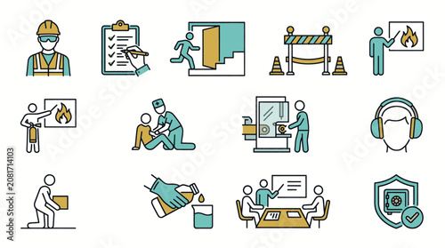 Collection of safety icons illustrating workplace safety procedures and emergency preparedness.