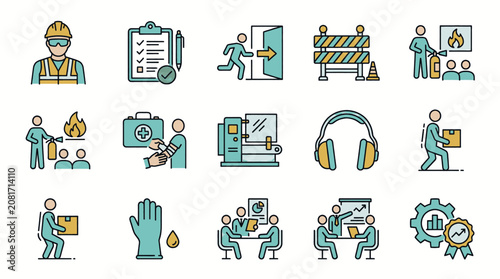 Collection of icons representing workplace safety and health measures, including personal protective equipment, emergency procedures, and training.