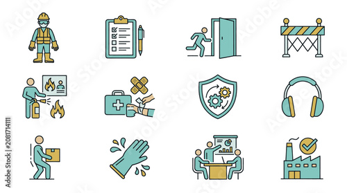 Collection of safety and security icons representing workplace hazards and protective measures.