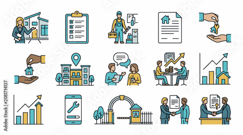 Collection of Icons Representing Real Estate Services and Business Transactions.