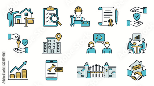 Collection of business and real estate icons representing services, transactions, and property management.