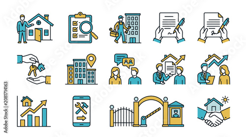 Collection of Flat Icons Representing Real Estate Business and Property Management Services.