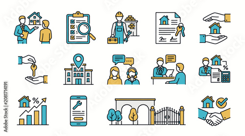 Collection of flat icons representing real estate services and property transactions.