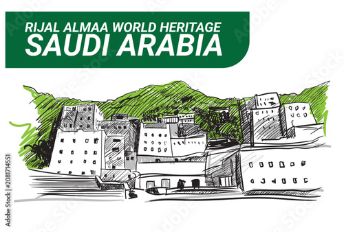 Canvas Print Rijal Almaa heritage village. Saudi. Vector illustration