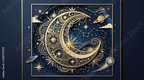 Gold foil crescent moon art with stars and planets on navy blue background
