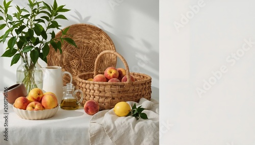 Fresh Fruits Displayed on a Table With a Basket, Vase, and Glass Jar at a Bri...